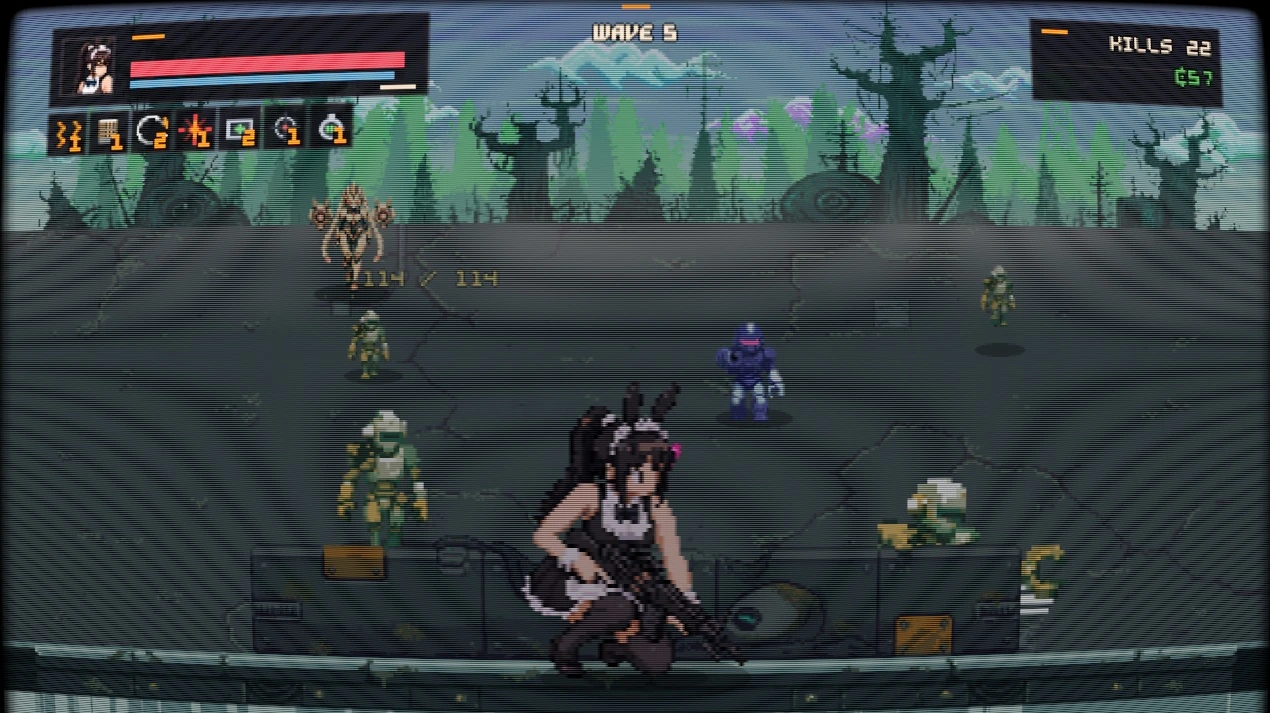 Barricade Goddess gameplay: a character kneels behind a barricade firing at approaching enemies