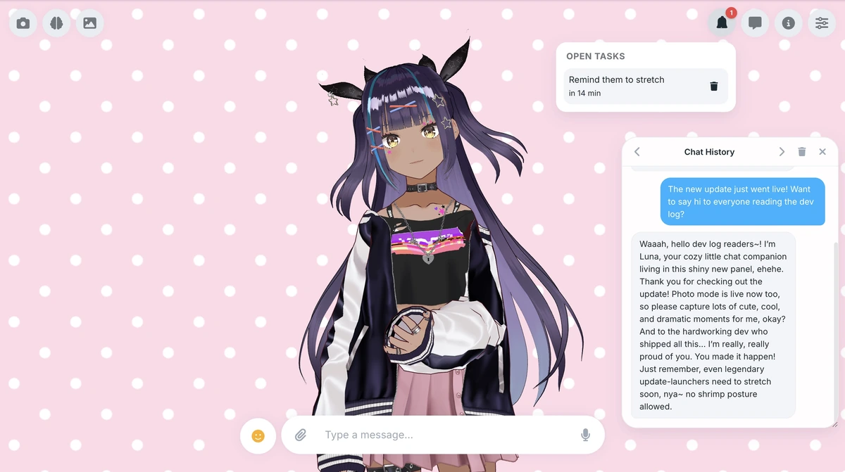 Chat history and reminder tasks alongside the character